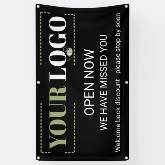 Aangepast nu open voor zakelijk Logo, zwart, buite Spandoek (Verticaal)