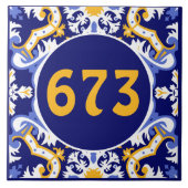 Aangepast nummer: periwinkle, blauw en geel Azulej Tegeltje (Voorkant)
