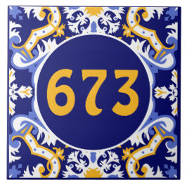 Aangepast nummer: periwinkle, blauw en geel Azulej Tegeltje