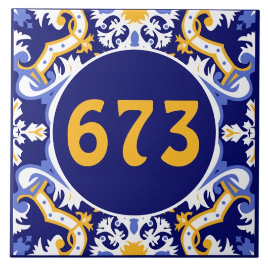 Aangepast nummer: periwinkle, blauw en geel Azulej Tegeltje (Voorkant)
