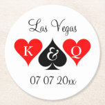 Aangepast onderzetter voor pokerbruiloft in Las Ve<br><div class="desc">Custom Las Vegas poker trouwparty onderzetter set. Wegwerpbordpapier met onderzetters met koning en hartenkoningin Voeg uw eigen gepersonaliseerde monogrammed naam initiaal letters toe. Elegant de sjabloon van de manuscripttypografie voor bestemming en datum van het huwelijk. Ook aardig voor vrijgezellenfeest, verloving of jubileum. Het ontwerp van de speelkaartpakken. partijbenodigdheden voor locatie....</div>