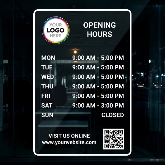 Aangepast openingsurenbord winkel - Logo + QR-code Raamsticker