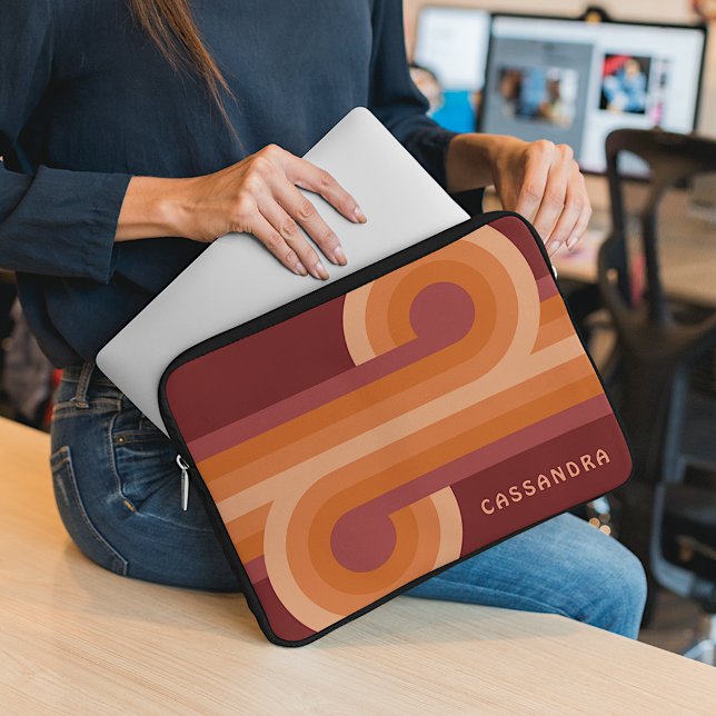 Aangepast Oranje, donker maroon Red Retro-kunstpat Laptop Sleeve (Creator heeft geüpload)