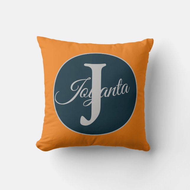 Aangepast oranje grijs blauwe Monogram Elegant Kussen (Voorkant)