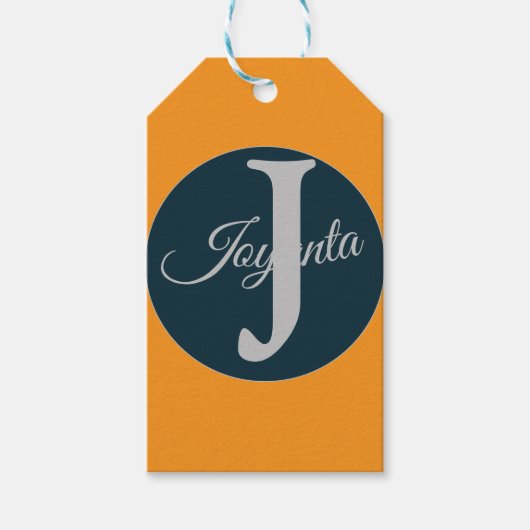 Aangepast oranje grijsblauw Monogram Elegant Cadeaulabel (Voorkant)