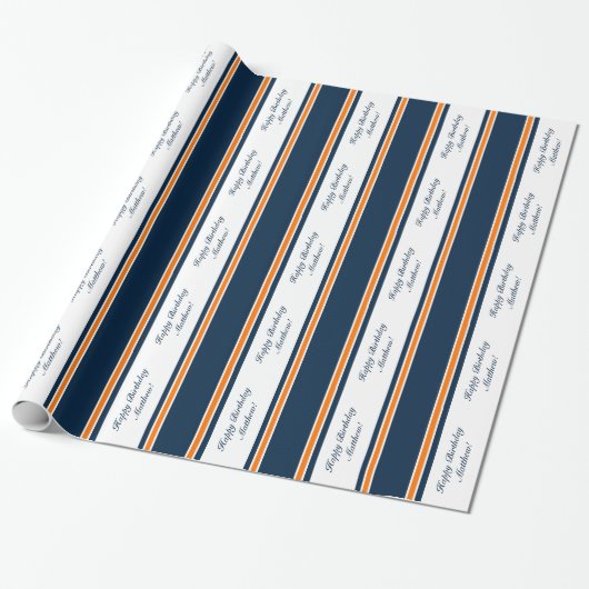 Aangepast Oranje/Navy Stripe-pakpapier Cadeaupapier (Uitgerold)