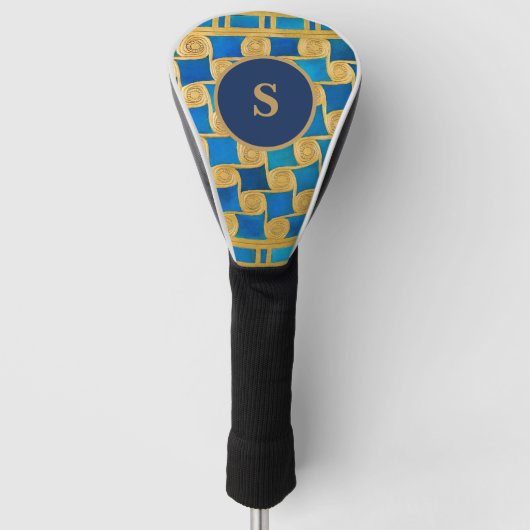 Aangepast Oud-Egyptisch Monogram Blauw Goud Golfheadcover (Voorkant)