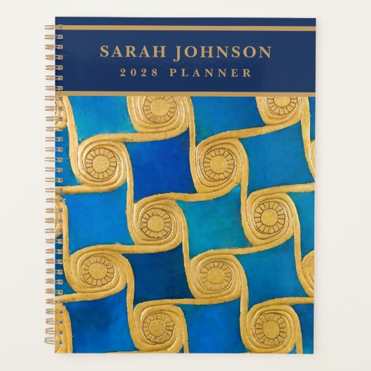 Aangepast Oud-Egyptisch Monogram Blauw Goud Planner (Voorkant)
