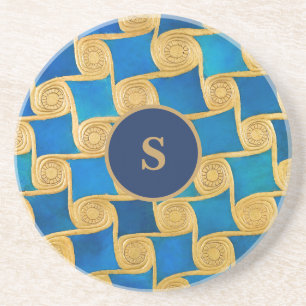 Aangepast Oud-Egyptisch Monogram Blauw Goud Zandsteen Onderzetter