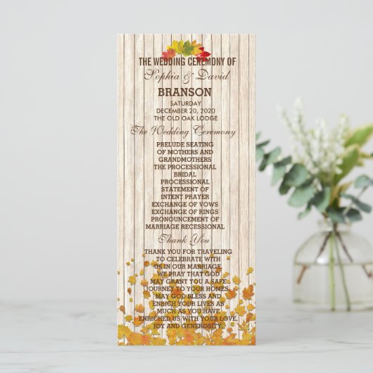 Aangepast  oud huwelijksprogramma met hout programmakaart (Staand voorkant)