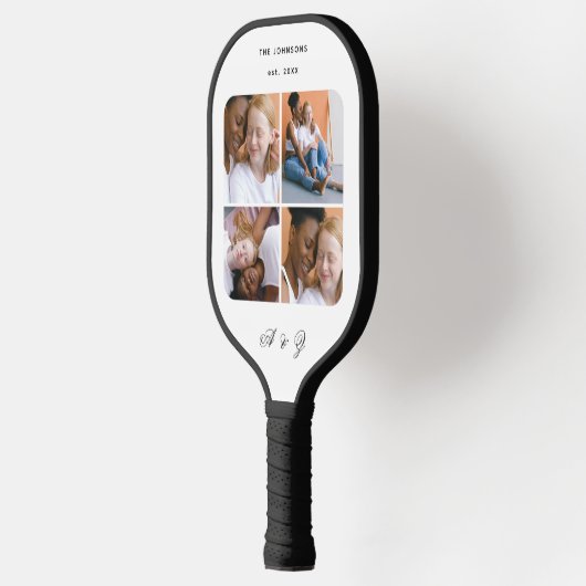 Aangepast paar 4 Fotocollage bruiloft en monogram Pickleball Paddle (Links)