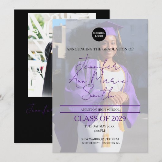 Aangepast Paars Afstuderen met achtergrondfoto Kaart (Voorkant / Achterkant)