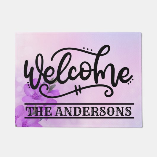 Aangepast Paars Floral Welkom Deurmat (Voorkant)