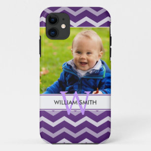 Aangepast Paars foto- en monogram Chevron Pattern Case-Mate iPhone Case
