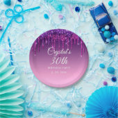 Aangepast Paars glitter Drip Happy Birthday Papieren Bordje (Feest)