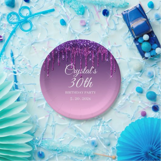 Aangepast Paars glitter Drip Happy Birthday Papieren Bordje (Feest)