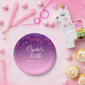 Aangepast Paars glitter Drip Happy Birthday Papieren Bordje (Feest)