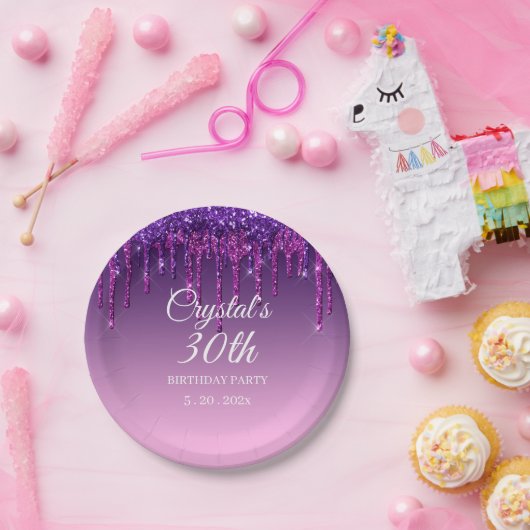 Aangepast Paars glitter Drip Happy Birthday Papieren Bordje (Feest)