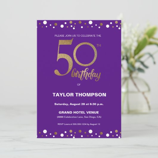 Aangepast Paars Gold Confetti 50e verjaardag Kaart (Staand voorkant)