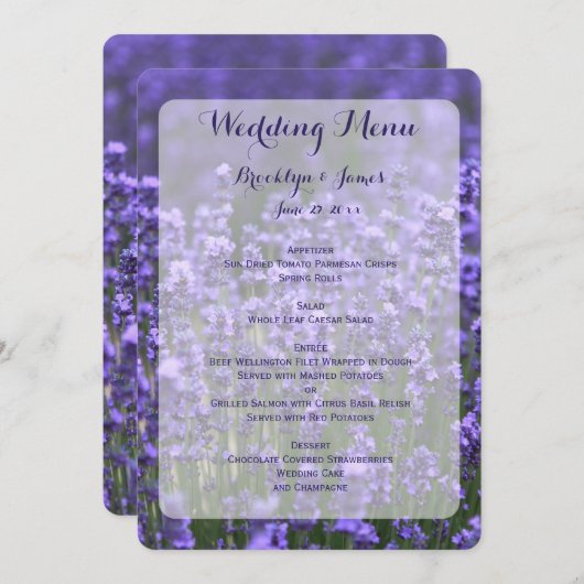 Aangepast paars lavendel trouwmenu menu (Voorkant / Achterkant)