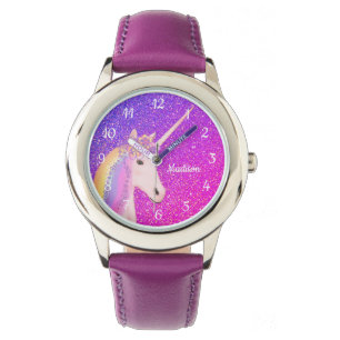 Aangepast Paars roze glitter Unicorn Kinder Horloge