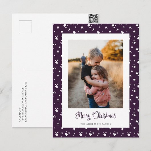 Aangepast Paars sterren Foto Merry Kerstmis Briefk Feestdagenkaart (Voorkant / Achterkant)