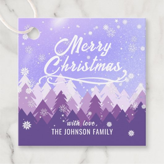 Aangepast Paars Wit-sneeuw Peaceful Forest Kerstmi Bedankjes Labels (Voorkant)