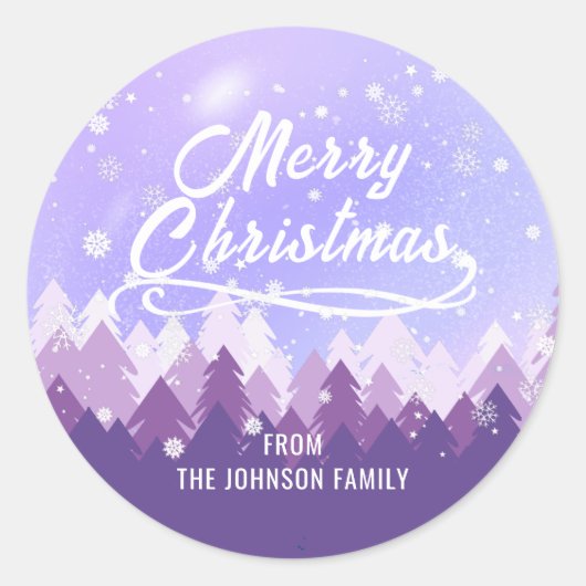 Aangepast Paars Wit-sneeuw Peaceful Forest Kerstmi Ronde Sticker (Voorkant)