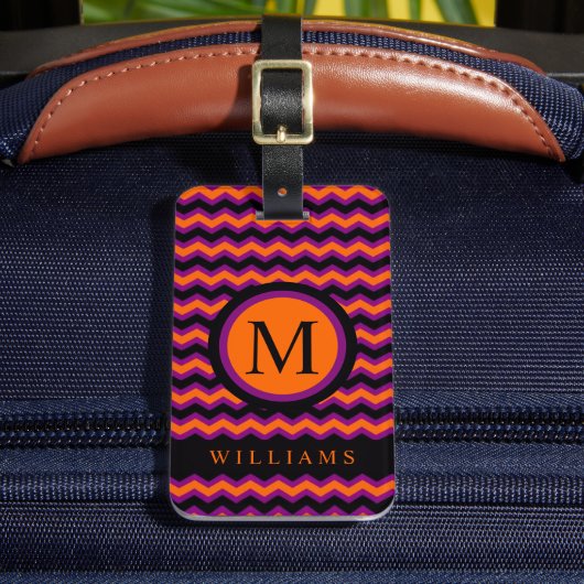 Aangepast Paarse Sinaasappel Zwart Chevron Patroon Bagagelabel (Voorkant Insitu 2)