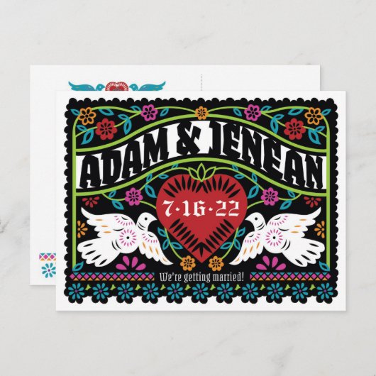 Aangepast papier met Picado-stijl Lovevogels Bespa Aankondigingskaart (Voorkant / Achterkant)