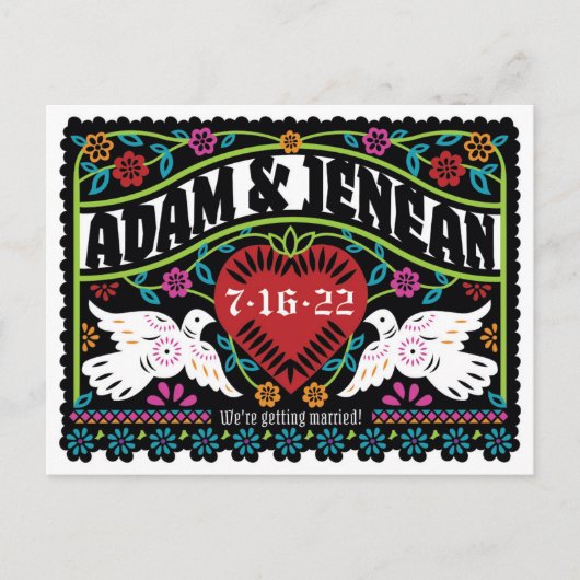 Aangepast papier met Picado-stijl Lovevogels Bespa Aankondigingskaart (Voorkant)