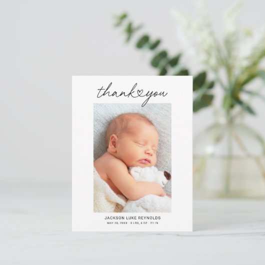 Aangepast pasbare Baby foto van modern hartscript Bedankkaart (Staand voorkant)