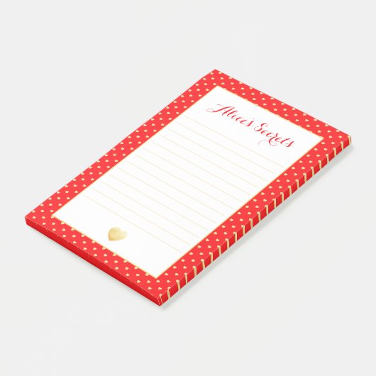Aangepast patroon met rode gouden harten post-it® notes (Schuin)