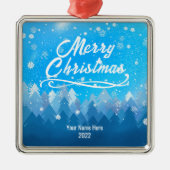 Aangepast Peaceful Blue Snow Forest Merry kerst Metalen Ornament (Voorkant)