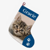 Aangepast Pet Cat Photo Holiday Blue op maat Grote Kerstsok (Voorkant (Hangend))