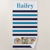 Aangepast Pet Dog 3 Foto Collage Aqua Blue Stripe Strandlaken (Voorkant)