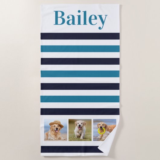Aangepast Pet Dog 3 Foto Collage Aqua Blue Stripe Strandlaken (Voorkant)