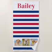 Aangepast Pet Dog 3 Foto Collage Red Blue Stripe Strandlaken (Voorkant)