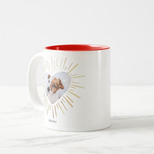 Aangepast Pet Dog Foto Modern Stijlvol Gold Heart Tweekleurige Koffiemok (Voorkant links)