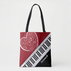 Aangepast Piano Music Love Heart Name Black Red Tote Bag