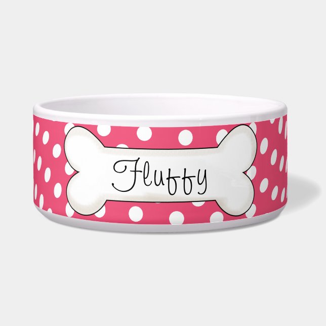 Aangepast pink Polka Dot Bone Voerbakje (Voorkant)