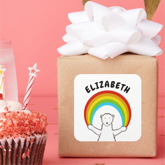 Aangepast Polar Beer & Regenboog Vierkante Sticker (Feest)