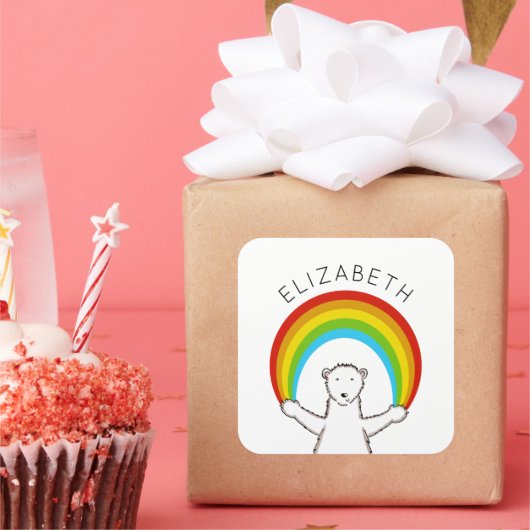 Aangepast Polar Beer & Regenboog Vierkante Sticker (Feest)