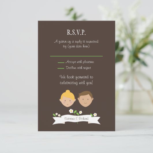 Aangepast portret (blond / brunette) Trouw-RSVP Kaart (Staand voorkant)