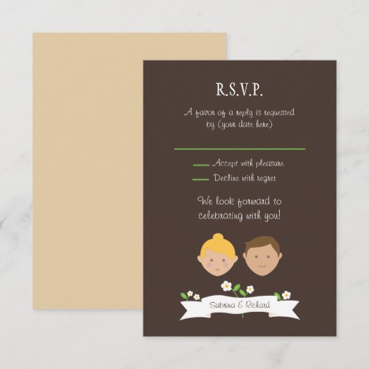 Aangepast portret (blond / brunette) Trouw-RSVP Kaart (Voorkant / Achterkant)