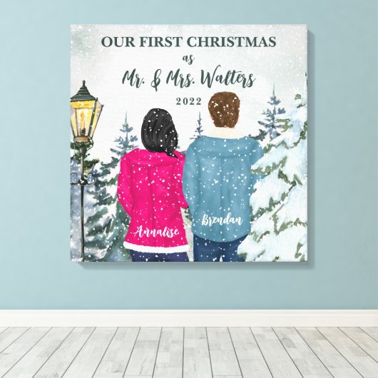 Aangepast portret voor onze eerste gehuwde Kerstmi Canvas Afdruk (Insitu (Houten vloer))