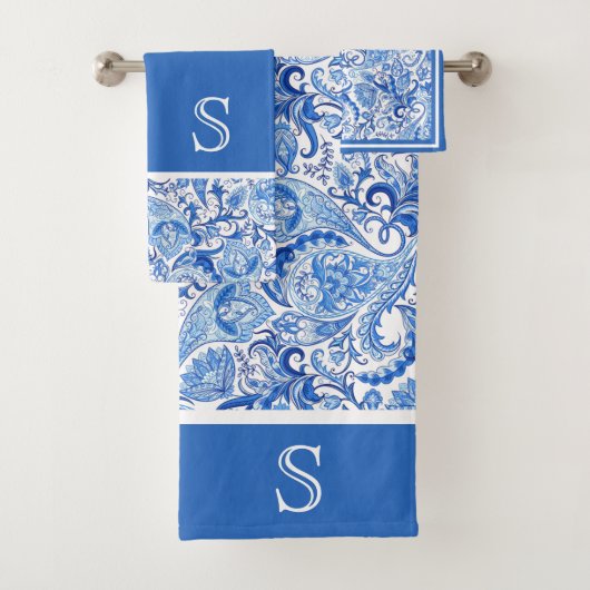 Aangepast, prachtig blauw, Floral Paisley Pattern Bad Handdoek (Insitu)