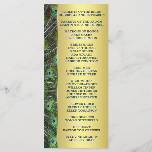Aangepast programma Trendy Gold Peacock Wedding Programmakaart (Achterkant)