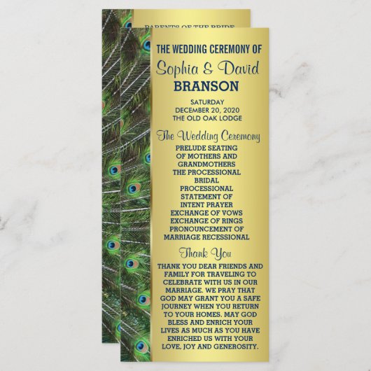 Aangepast programma Trendy Gold Peacock Wedding Programmakaart (Voorkant / Achterkant)