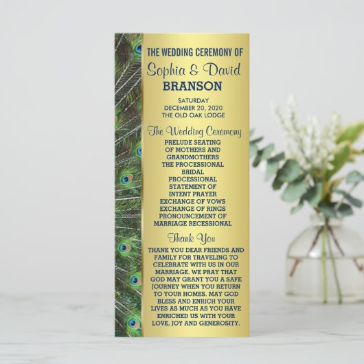 Aangepast programma Trendy Gold Peacock Wedding Programmakaart (Staand voorkant)